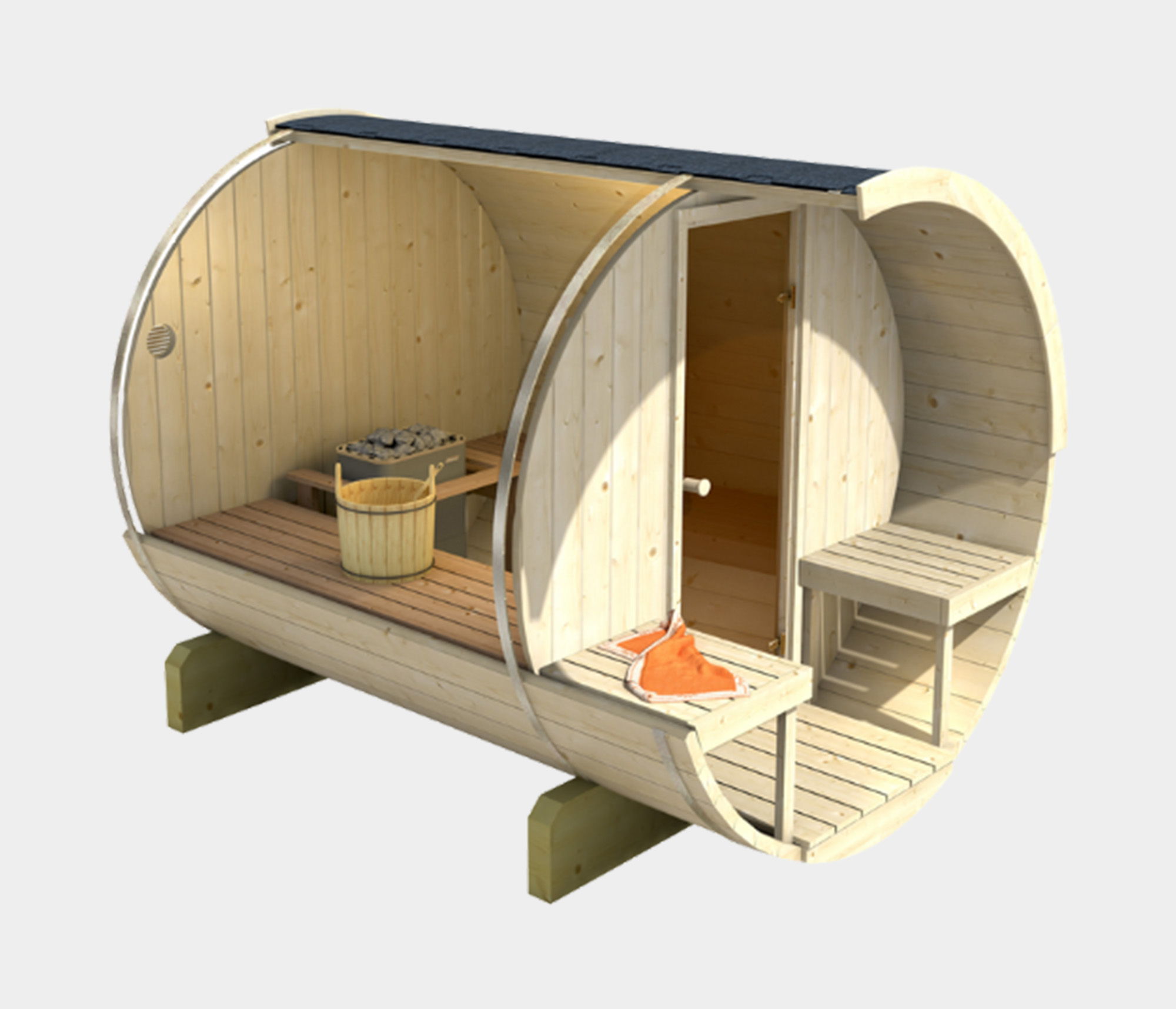 Bastutunna Barrel Sauna 250 från Hanscraft. Bygg en modern bastu utomhus med plats för 4 personer